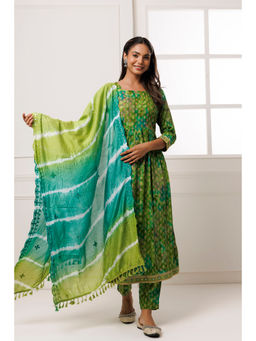 Geroo Jaipur - Green Shaded Cotton-Rayon Embroidered Kurta with Pant and Silk Dupatta (Set of 3)