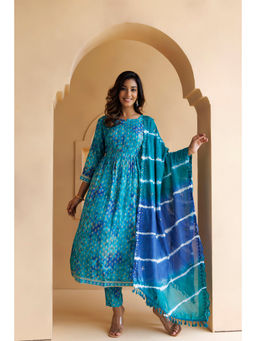 Geroo Jaipur - Blue Shaded Cotton-Rayon Embroidered Kurta with Pant Silk Dupatta (Set of 3)