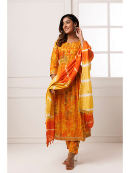 Geroo Jaipur - Yellow-Orange Cotton-Rayon Embroidered Kurta with Pant Silk Dupatta (Set of 3)