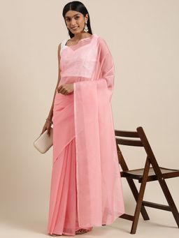 Akhilam - Womens Organza Pink Solid Celebrity Saree with Unstitched Blouse
