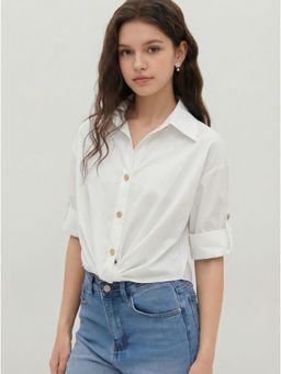 Cider - Cotton-blend Collar Striped Knotted Roll-up Long Sleeve Shirt