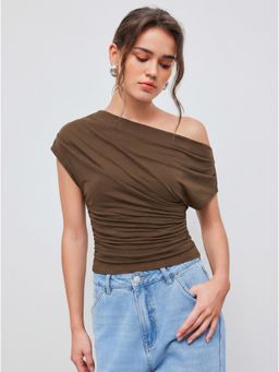 Cider - Cotton-blend Asymmetrical Neck Striped Ruched Short Sleeve Top