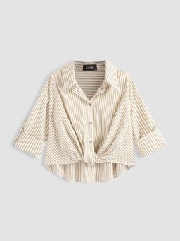 Cider - Cotton-blend Collar Striped Knotted Roll-up Long Sleeve Shirt Curve & Plus