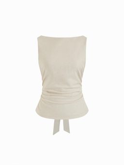 Cider - Linen-blend Boat Neckline Solid Bowknot Tank Top