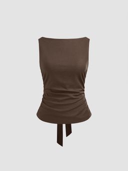Cider - Linen-blend Boat Neckline Solid Bowknot Tank Top