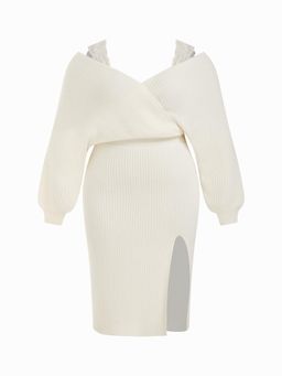 Cider - Knitted V-neck Solid Split Lace Dress Curve & Plus