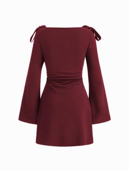 Cider - Boat Neckline Solid Ruched Bowknot Dress