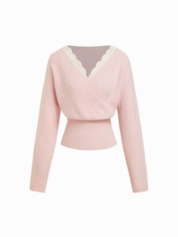 Cider - Knit V-neck Solid Lace Trim Wrap Long Sleeve Top