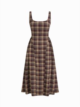 Cider - Square Neck Check Pleated Zipper Dress