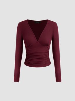 Cider - V-neck Solid Ruched Long Sleeve Tee