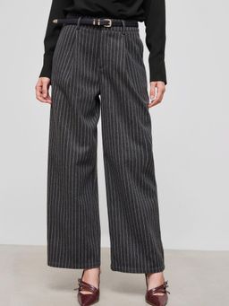 Cider - Tweed Mid Rise Striped Straight Leg Trousers With Belt