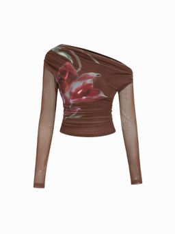 Cider - Asymmetrical Neck Floral Ruched Long Sleeve Top