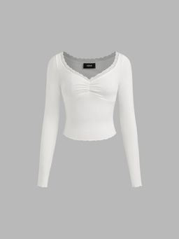 Cider - Sweetheart Neckline Lace Trim Tee