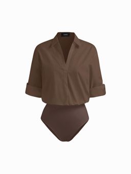 Cider - 100% Cotton Collar Roll-up Sleeve Shirt Bodysuit