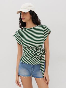 Cider - Cotton-blend Stripes Bowknot Crop Tee