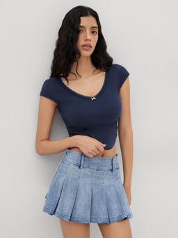 Cider - 100% Cotton V-neck Lace Trim Bowknot Ruched Tee