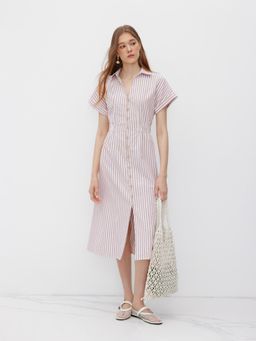 Cider - Cotton-blend V-neck Stripe Button Through Elastic Waist Shirt Dress