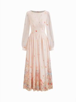Cider - Chiffon Boat Neck Floral Embroidery Ruffle Dress