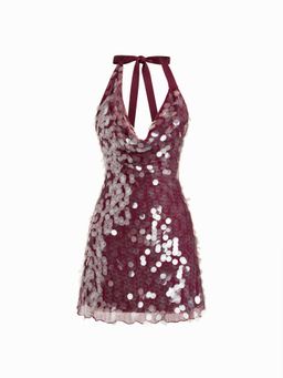 Cider - Sequin Halter Neckline Backless Lettuce Trim Dress
