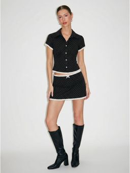 Cider - Cotton Plaid Collar Short Sleeve Blouse & Mid Rise Lace Trim Bowknot Skirt Set