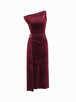 Cider - Velvet Asymmetrical Neckline Draped Metal Detail Dress