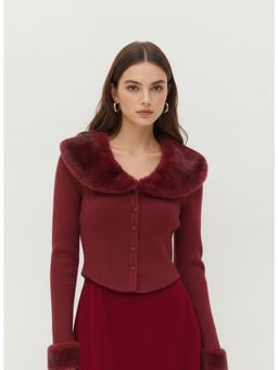 Cider - Faux Fur Collar Long Sleeve Rib Curved Hem Button Top