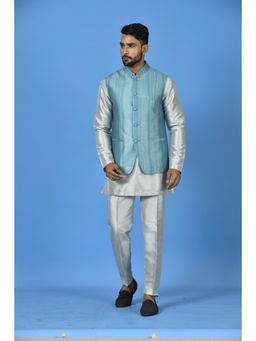 Simaaya - Blue Premium Quality Satin Kurta with Pant and Nehru Jacket (Set of 3)