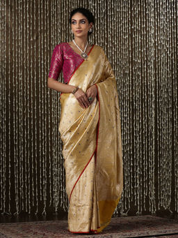 WeaverStory - Yellow Handloom Kimkhab Katan Silk Banarasi Saree