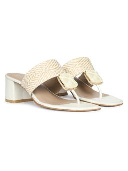Saint G - Stone Jeweled White and Beige Raffia Block Heels