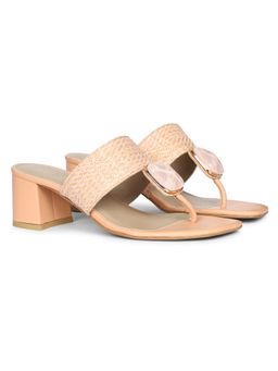 Saint G - Stone Jeweled Peach Raffia Block Heels