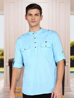 KUONS AVENUE - Men's Plum Turquoise Linen Cotton Short Pathani Kurta