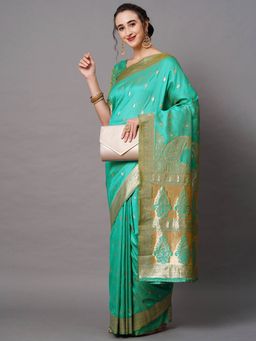 Odette - Teal Green Festive Silk Blend Woven Design Saree with Unstitched Blouse