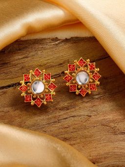 Estele - Gold Plated Daisy Flower Shaped Red Meenakari Kundan Stud Earrings for Women