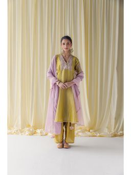 LABEL NAARITI - Ahana Yellow Anarkali Kurta with Palazzo and Dupatta (Set of 3)