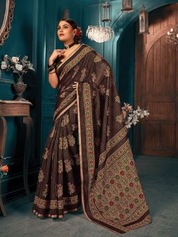 EXCLUSIVA - Brown Cotton Saree with Unstitched Blouse