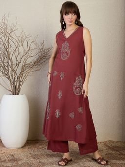 Indo Era - Maroon Embroidered A-Line Kurta with Pant