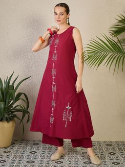 Indo Era - Maroon Embroidered A-Line Kurta with Palazzo