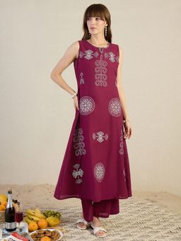 Indo Era - Maroon Embroidered A-Line Kurta with Pant