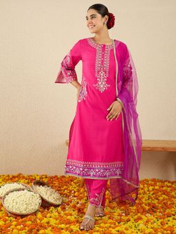 Indo Era - Pink Solid Straight Kurta With Pant & Dupatta