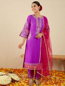 Indo Era - Purple Solid Straight Kurta With Pant & Dupatta