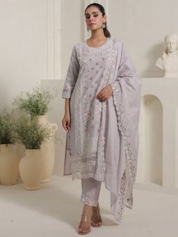Indo Era - Lavender Embroidered Straight Kurta with Pant With Dupatta
