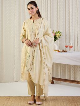 Indo Era - Beige Embroidered Straight Kurta With Pant & Dupatta