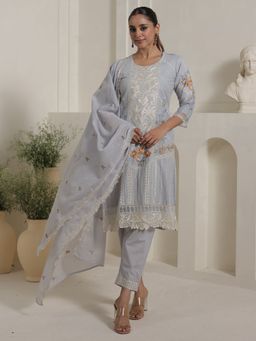 Indo Era - Blue Embroidered Straight Kurta With Pant & Dupatta