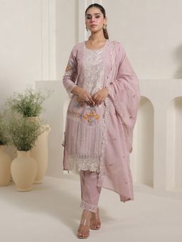 Indo Era - Lavender Embroidered Straight Kurta With Pant & Dupatta