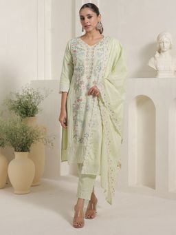 Indo Era - Green Embroidered Straight Kurta With Pant & Dupatta