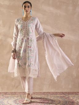 Indo Era - Lavender Embroidered Straight Kurta With Pant & Dupatta