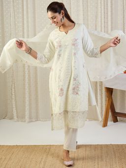 Indo Era - Off White Embroidered Straight Kurta With Pant & Dupatta