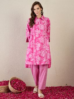Indo Era - Pink Printed A-Line Kurta With Pant