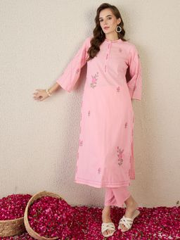 Indo Era - Pink Embroidered Straight Kurta With Pant