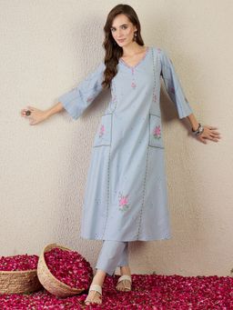 Indo Era - Blue Embroidered A-Line Kurta With Pant